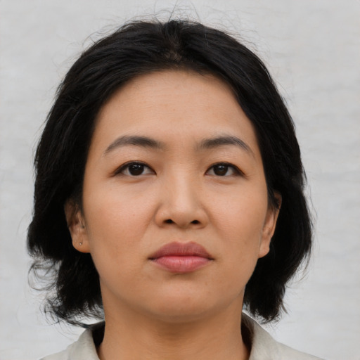 Neutral asian young-adult female with medium  black hair and brown eyes