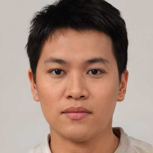 Neutral asian young-adult male with short  brown hair and brown eyes