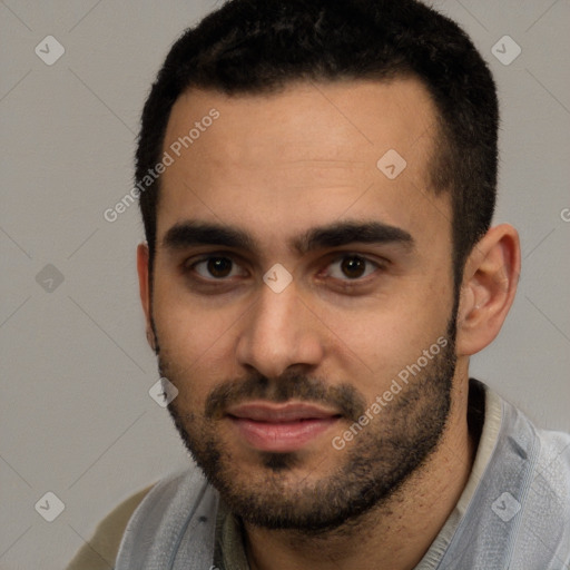 Joyful white young-adult male with short  brown hair and brown eyes