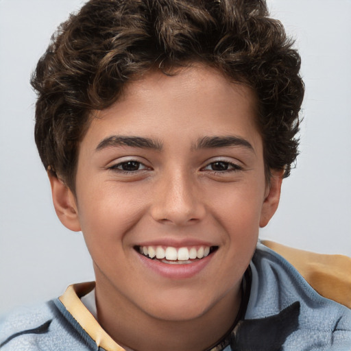 Joyful white child male with short  brown hair and brown eyes