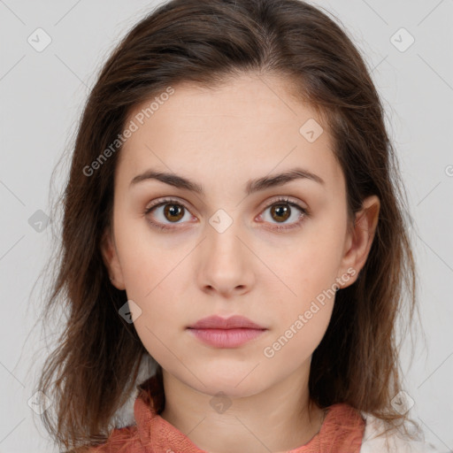 Neutral white young-adult female with medium  brown hair and brown eyes