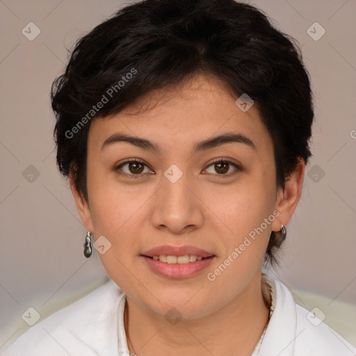 Joyful white young-adult female with medium  brown hair and brown eyes