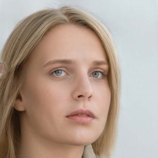 Neutral white young-adult female with long  brown hair and grey eyes