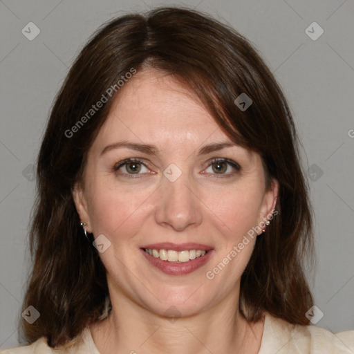 Joyful white young-adult female with medium  brown hair and green eyes