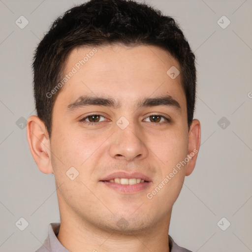 Neutral white young-adult male with short  brown hair and brown eyes