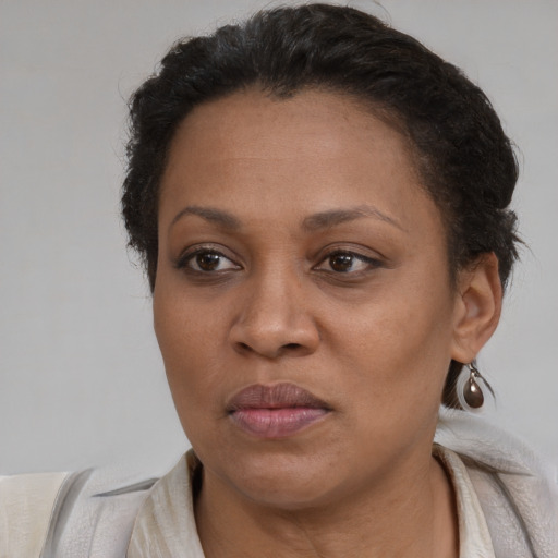 Neutral black adult female with short  brown hair and brown eyes