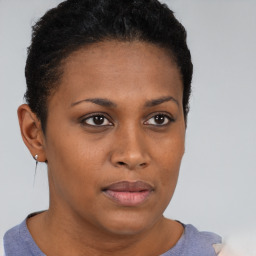 Neutral black young-adult female with short  brown hair and brown eyes