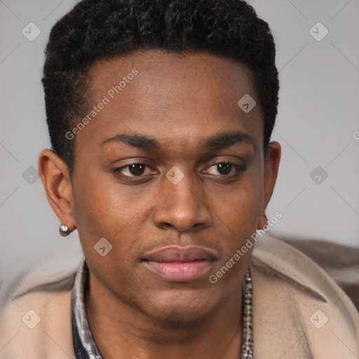 Neutral black young-adult male with short  brown hair and brown eyes