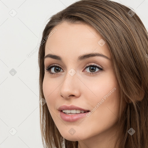 Neutral white young-adult female with long  brown hair and brown eyes