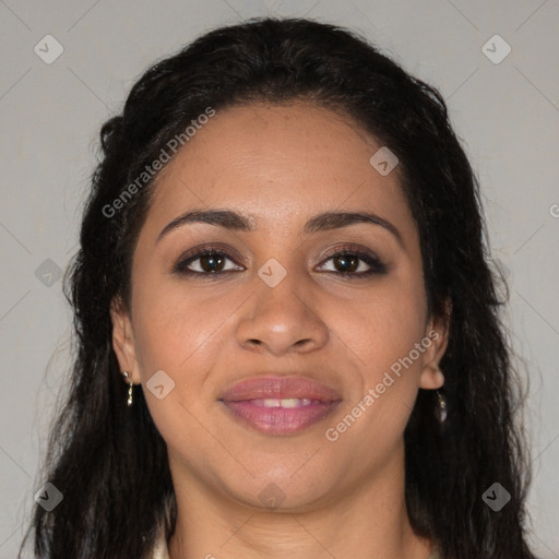 Joyful latino young-adult female with long  brown hair and brown eyes