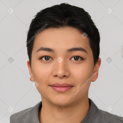 Joyful asian young-adult female with short  black hair and brown eyes