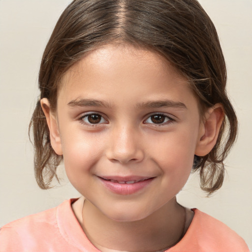 Joyful white child female with medium  brown hair and brown eyes