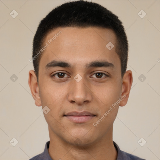 Neutral latino young-adult male with short  brown hair and brown eyes
