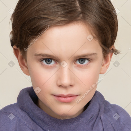 Neutral white child female with short  brown hair and grey eyes