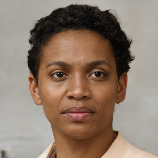 Neutral black young-adult female with short  brown hair and brown eyes