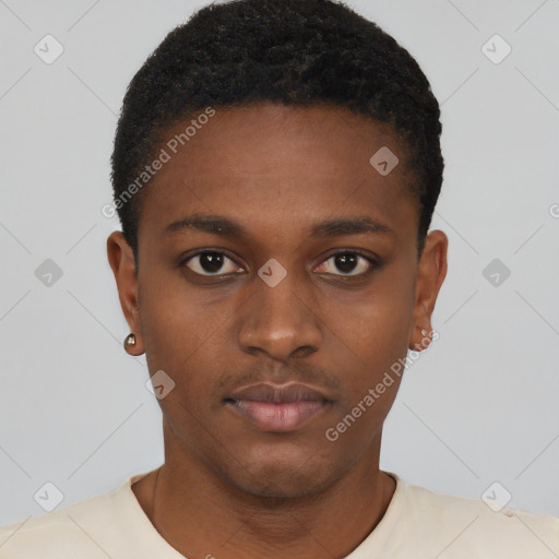Neutral black young-adult male with short  black hair and brown eyes