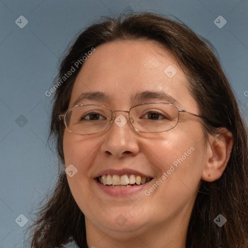 Joyful white adult female with medium  brown hair and brown eyes