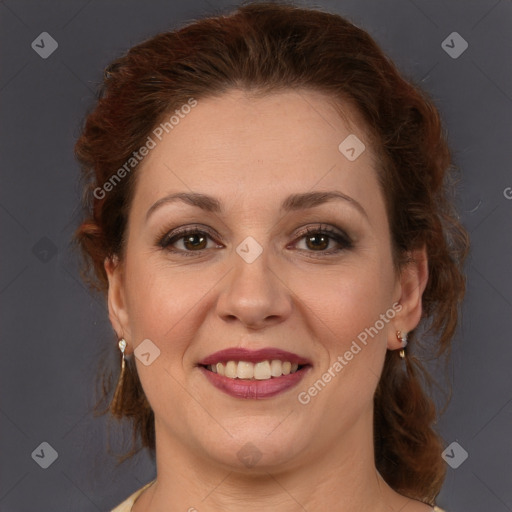 Joyful white adult female with medium  brown hair and brown eyes