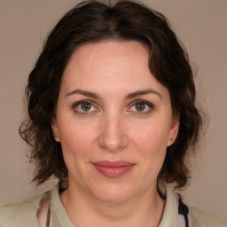 Joyful white adult female with medium  brown hair and brown eyes