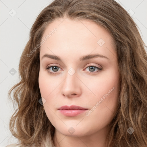 Neutral white young-adult female with long  brown hair and green eyes