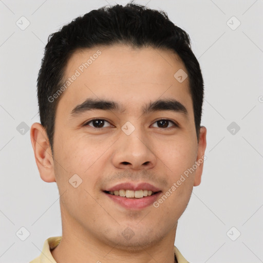 Joyful latino young-adult male with short  brown hair and brown eyes