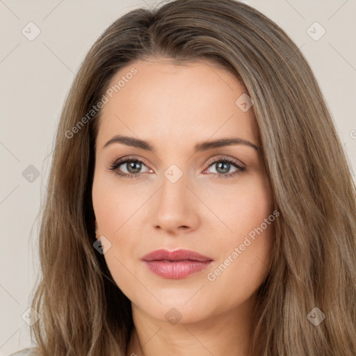 Neutral white young-adult female with long  brown hair and brown eyes