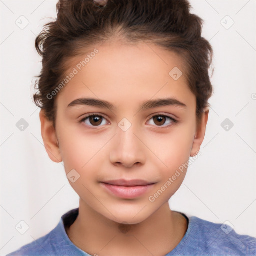 Joyful white child female with short  brown hair and brown eyes