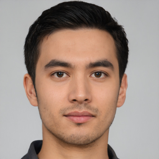 Neutral asian young-adult male with short  black hair and brown eyes