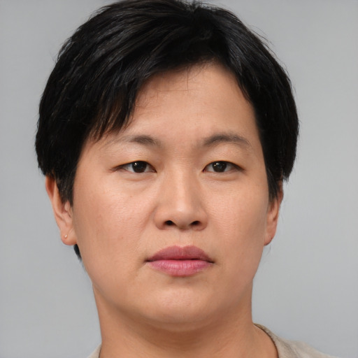 Neutral asian young-adult female with short  black hair and brown eyes