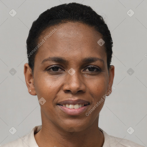 Joyful black young-adult female with short  black hair and brown eyes