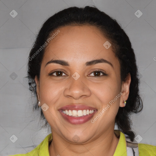Joyful latino young-adult female with medium  black hair and brown eyes