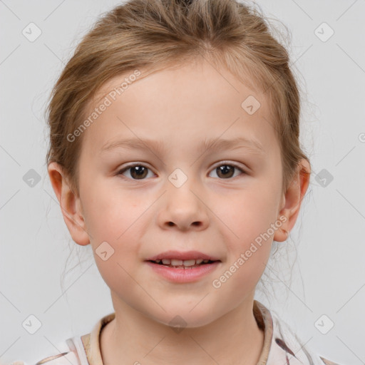 Joyful white child female with medium  brown hair and brown eyes