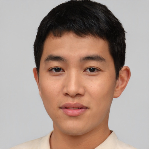 Neutral asian young-adult male with short  black hair and brown eyes
