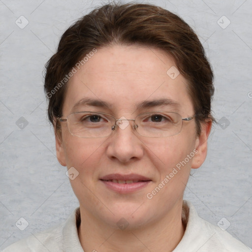 Joyful white adult female with short  brown hair and brown eyes