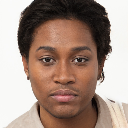 Neutral black young-adult female with short  brown hair and brown eyes