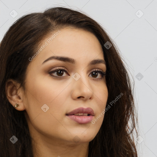 Neutral white young-adult female with long  brown hair and brown eyes