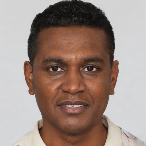Joyful black young-adult male with short  brown hair and brown eyes