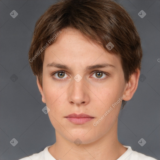 Neutral white young-adult female with short  brown hair and brown eyes