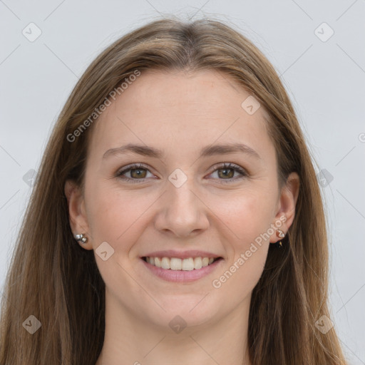 Joyful white young-adult female with long  brown hair and grey eyes