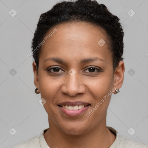 Joyful latino young-adult female with short  brown hair and brown eyes