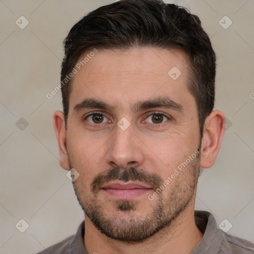 Neutral white young-adult male with short  brown hair and brown eyes