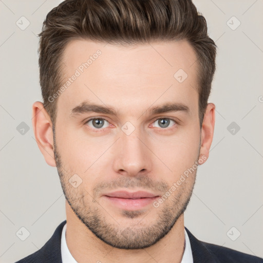 Neutral white young-adult male with short  brown hair and brown eyes