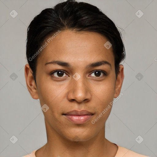 Neutral latino young-adult female with short  black hair and brown eyes