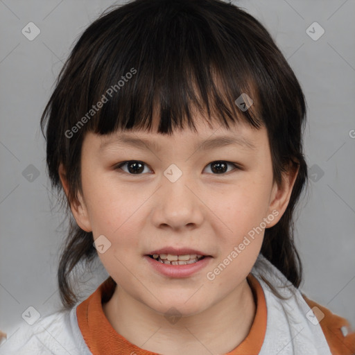 Joyful white child female with medium  brown hair and brown eyes