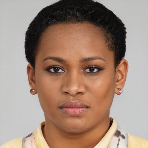 Neutral latino young-adult female with short  brown hair and brown eyes