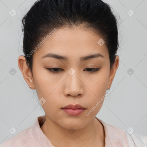 Neutral asian young-adult female with medium  brown hair and brown eyes