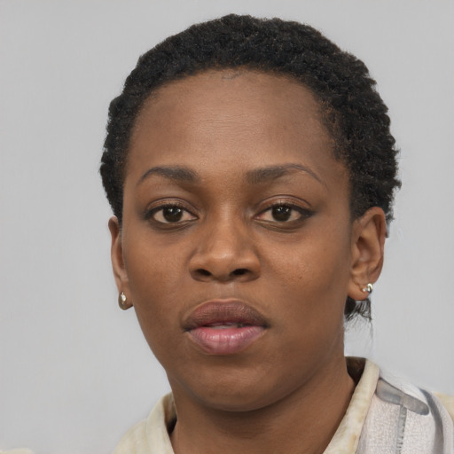 Neutral black young-adult female with short  black hair and brown eyes