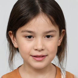 Joyful white child female with medium  brown hair and brown eyes