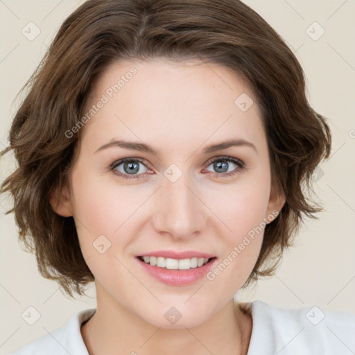 Joyful white young-adult female with medium  brown hair and green eyes