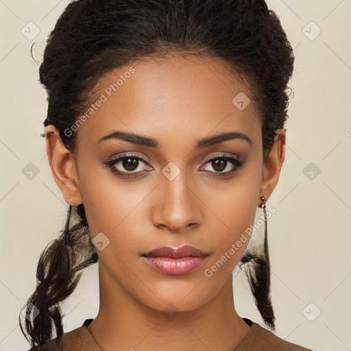 Neutral white young-adult female with short  brown hair and brown eyes